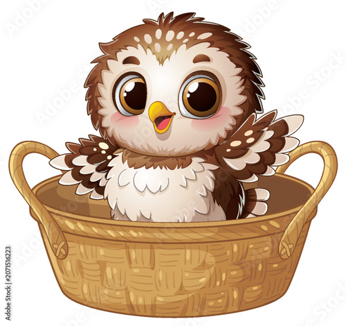 Cute Baby Owl Sitting in a Woven Wicker Basket Vector Illustration