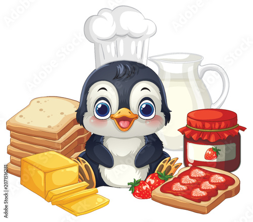 Cute Cartoon Penguin Chef with Bread Jam and Milk Breakfast Illustration