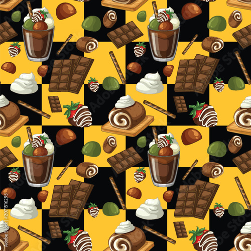 Seamless Chocolate Dessert Pattern on Yellow and Black Checkerboard Background