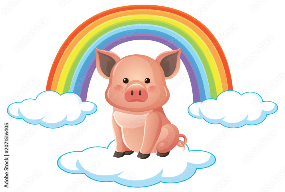 Naklejka premium Cartoon Pink Piglet Sitting on White Cloud Under a Vibrant Rainbow Arch