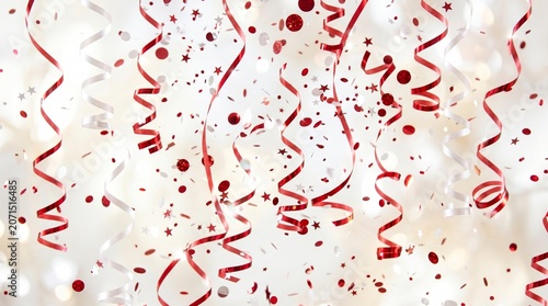 Red and white party streamers and confetti on bright background