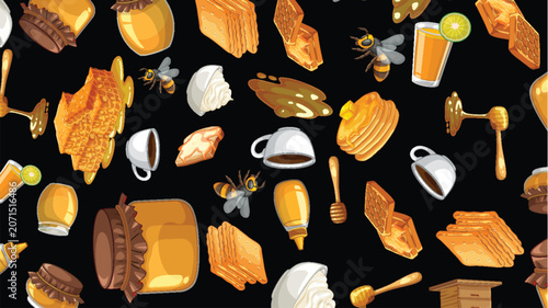 Seamless Vector Pattern of Honey Breakfast Items and Bees on Black