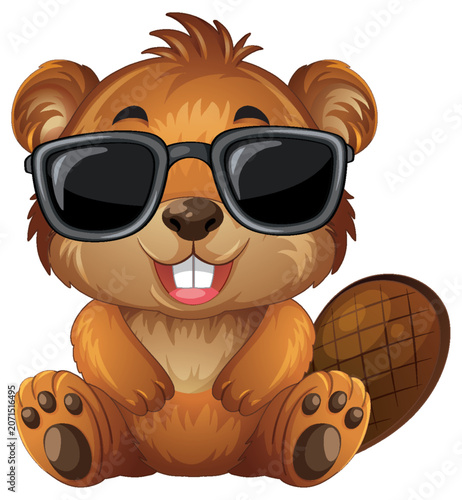 Cute Cartoon Beaver Mascot Wearing Black Sunglasses Isolated on White Background