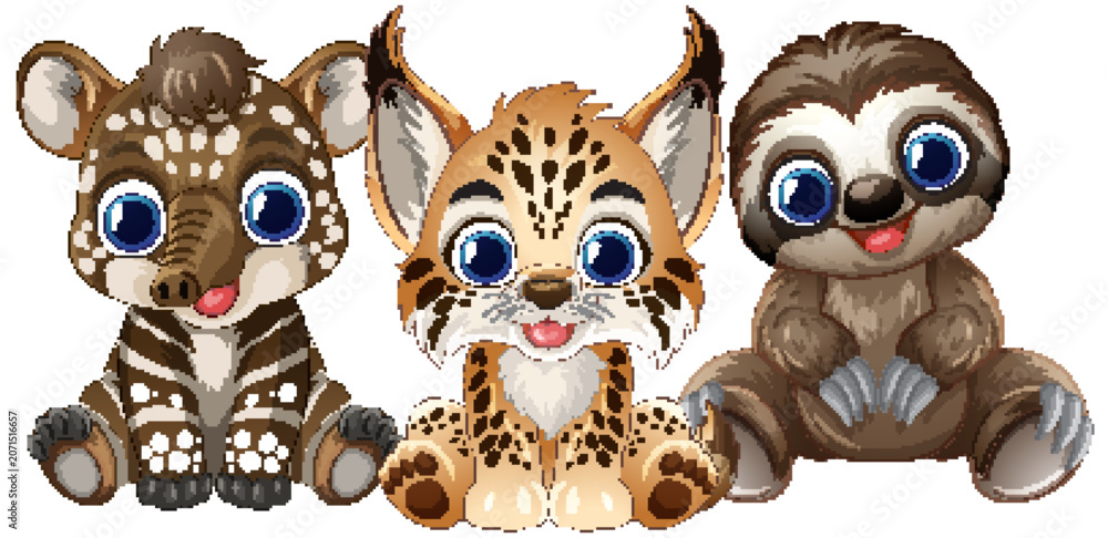 Fototapeta premium Cute Cartoon Baby Tapir Lynx and Sloth Sitting Together