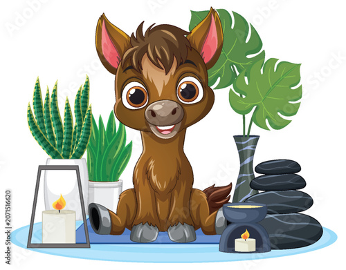 Cute Cartoon Horse Sitting on Yoga Mat with Spa Elements