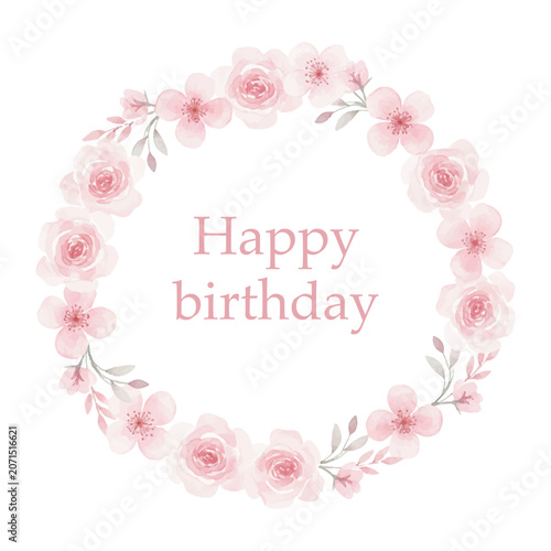 happy birthday card with pink roses. watercolor illustration.