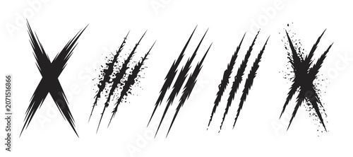 Photos Scary animal monster claw scratch marks vector set, horror design damage texture