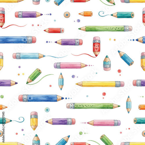 watercolor seamless pattern with school supplies, hand drawn pencils, pencils and pencil