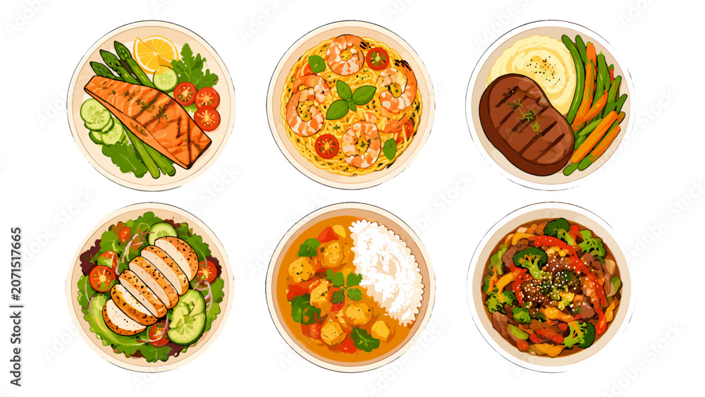 Naklejka premium Top view dinner dishes icon set with assorted plated meals