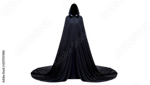 Foto Long black hooded cloak with flowing train, isolated on transparent background
