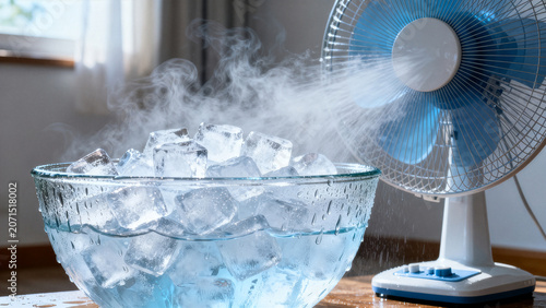 Bowl of ice in front of electric fan for DIY home cooling during heatwave.