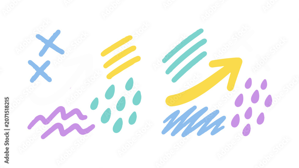Fototapeta premium Colorful doodle shapes with arrows lines crosses and drops