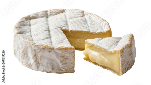 Fényképezés Whole soft bloomy rind cheese with a slice cut out, isolated on transparent back