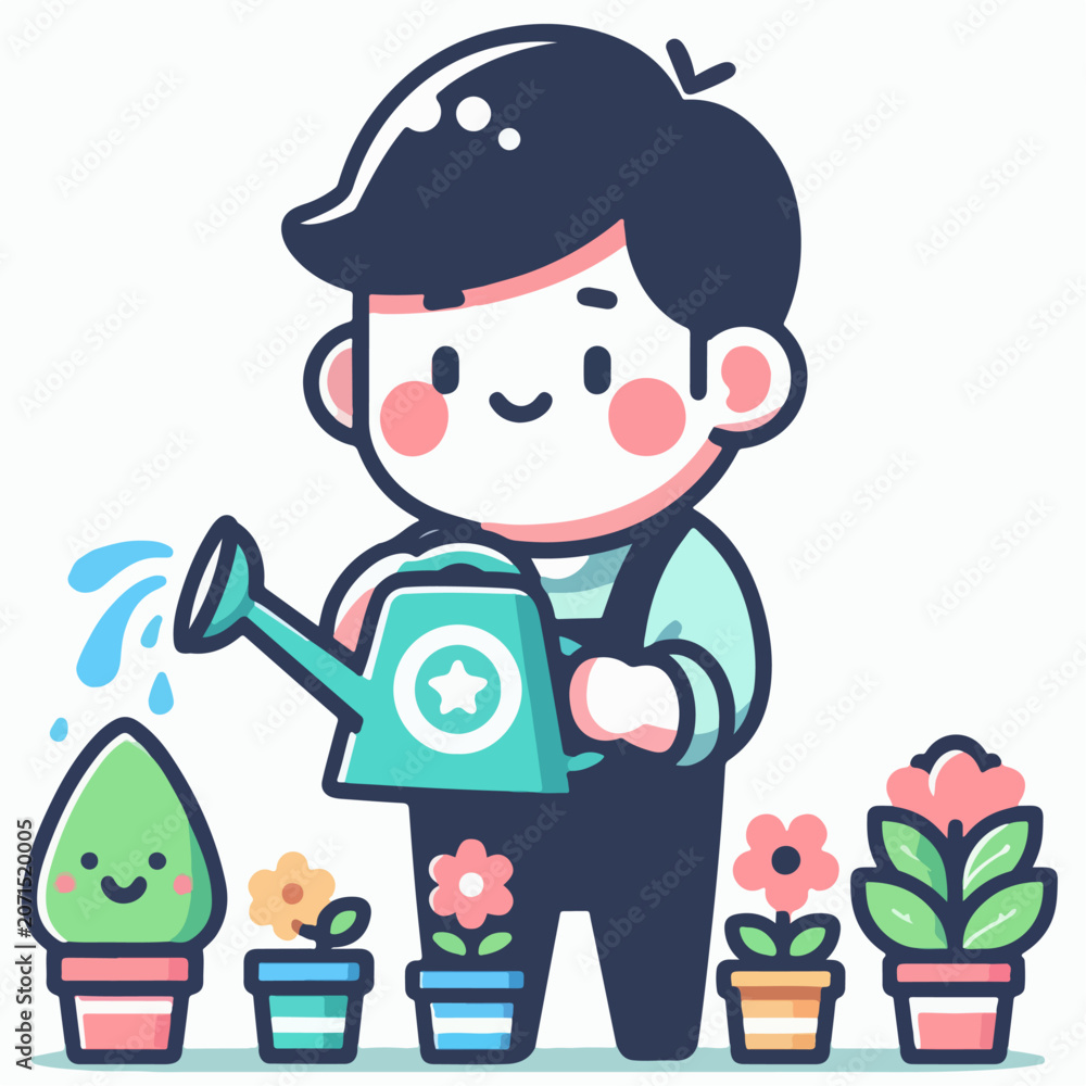 Obraz premium Happy Person Watering Indoor Plants Vector Illustration