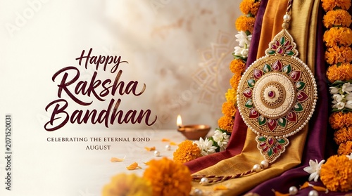 Decorative Traditional Ethnic Rakhi Ornament with Floral Garlands and Lit Diya