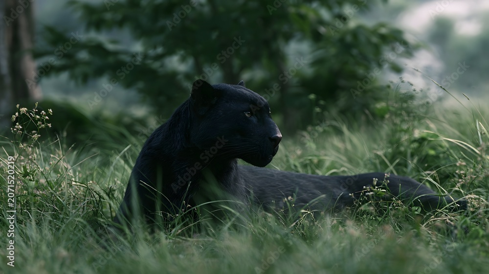 Naklejka premium A majestic panther rests peacefully in tall grass against a serene and beautiful natural backdrop