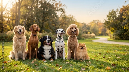 Diverse Group of Companion Dogs Sitting Together in a Sunny Autumn Park