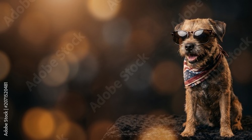Stylish Border Terrier Dog Wearing Sunglasses and a Patriotic Bandana, Animal Portrait