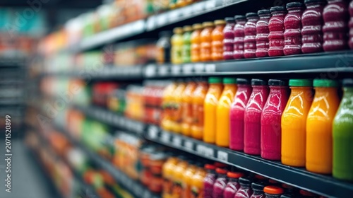 Vibrant juices displayed on shelves in grocery store