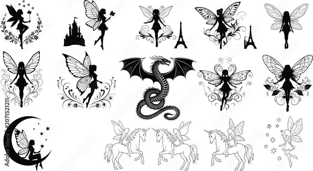 Obraz premium Fairy Silhouette Collection with Dragon and Unicorn Fantasy Characters Isolated on White Background