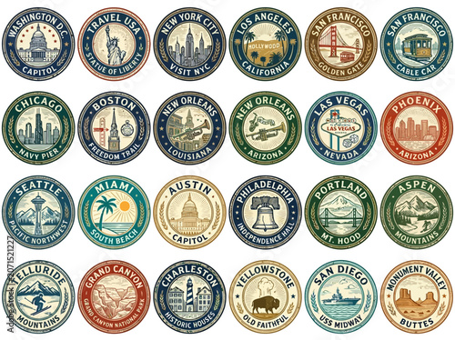 Vintage United States travel badges: Hand-drawn illustrations capturing iconic cities, landmarks, and natural wonders nationwide.