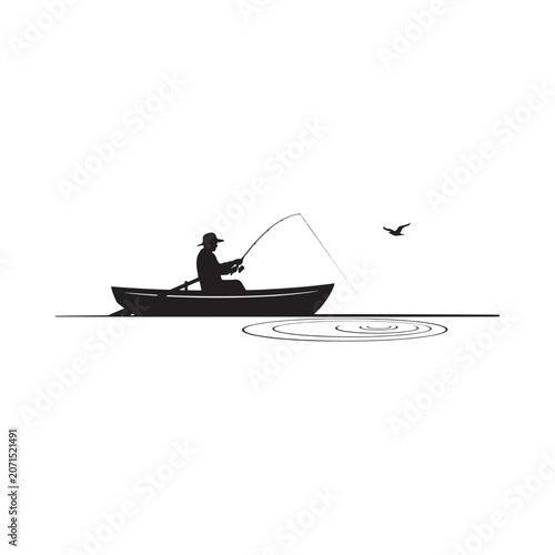 Fotografie Fisherman In Boat Silhouette Against White Background