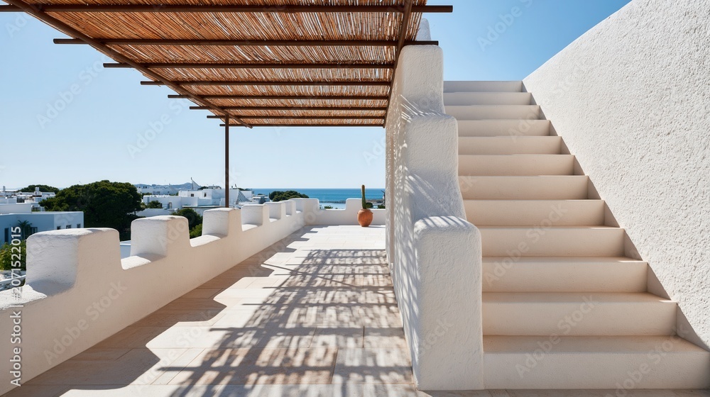 Obraz premium High end empty mediterranean rooftop terrace with white concrete stairs and ocean view.
