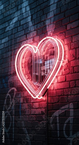 Neon heart sign illuminated against dark brick wall concept love valentine