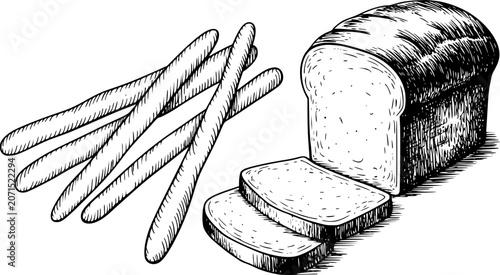 Bild auf Leinwand Hand-drawn of a loaf of bread and breadsticks