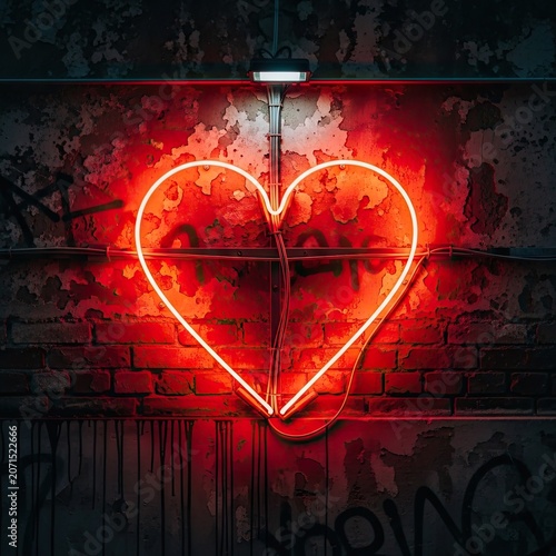 Neon heart sign on brick wall love symbol in vibrant red glow