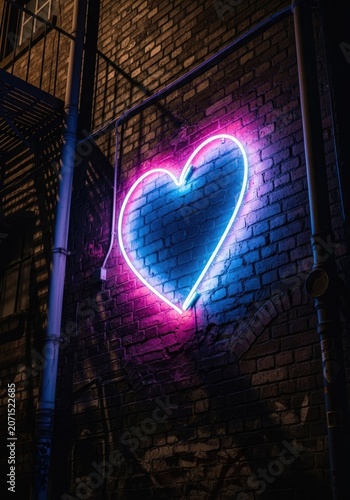 Neon heart sign on brick wall love and romance concept illustration