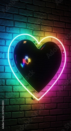 Neon heart sign on brick wall modern design and colorful illumination