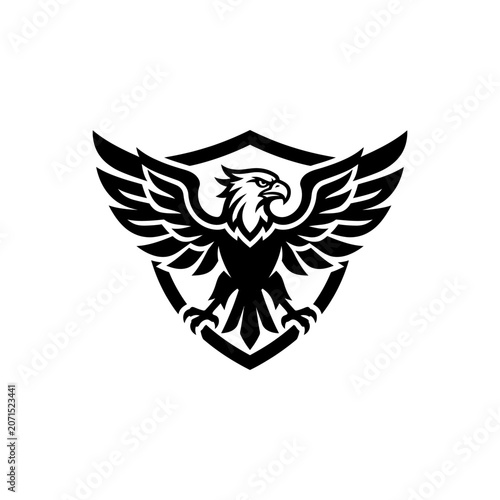 Black eagle logo on shield symbol.