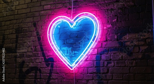 Neon heart symbol illuminated on a brick wall at night romance concept