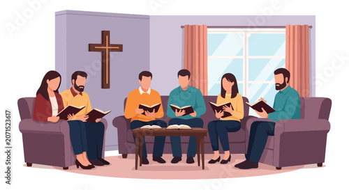Konstfotografi Flat style vector illustration of a Christian small group gathered for Bible study and fellowship in a home setting