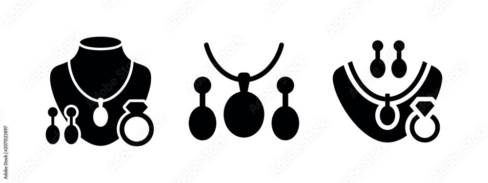 Fototapeta premium Jewelry Set Icons: Necklace, Earrings, and Ring Collection