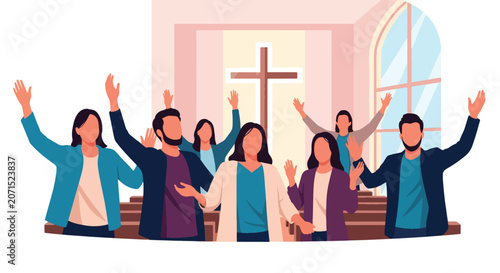 Quadro su tela Flat style vector illustration of believers raising hands in worship and praise inside a church sanctuary