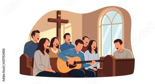 Foto Flat style vector illustration of believers singing worship songs with acoustic guitar during fellowship