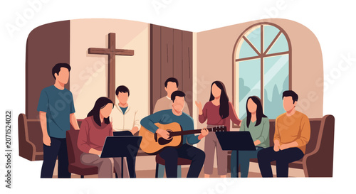 Bild auf Leinwand Flat style vector illustration of believers singing worship songs with acoustic guitar during fellowship