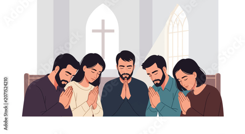 Schilderij op canvas Flat style vector illustration of believers bowing their heads together in prayer inside a church sanctuary