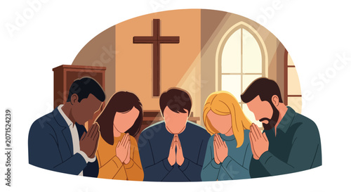 Quadro su tela Flat style vector illustration of believers bowing their heads together in prayer inside a church sanctuary