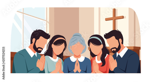 Obraz na plátně Flat style vector illustration of believers bowing their heads together in prayer inside a church sanctuary