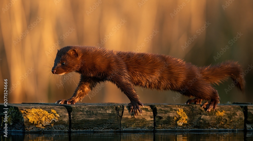 Fototapeta premium Alert Animal on Forest Log at Sunset