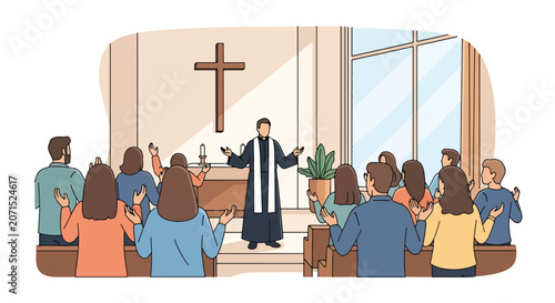 Bild auf Leinwand Flat style vector illustration of a pastor preaching to a congregation during church worship service