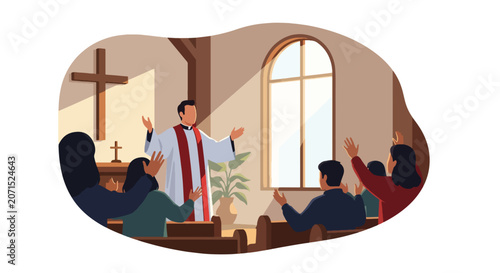 Canvastavla Flat style vector illustration of a pastor preaching to a congregation during church worship service