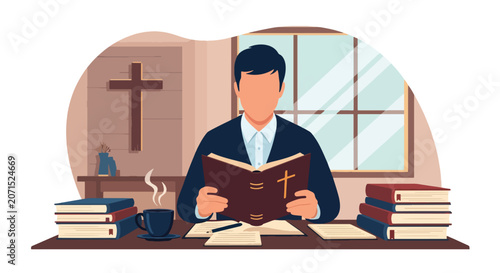 Canvastavla Flat style vector illustration of a Christian man studying scripture and taking notes at a desk