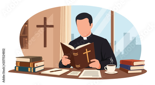 Konstfotografi Flat style vector illustration of a Christian man studying scripture and taking notes at a desk