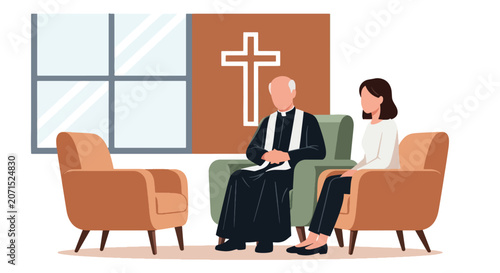 Konstfotografi Flat style vector illustration of a pastor providing spiritual counseling and guidance to a church member