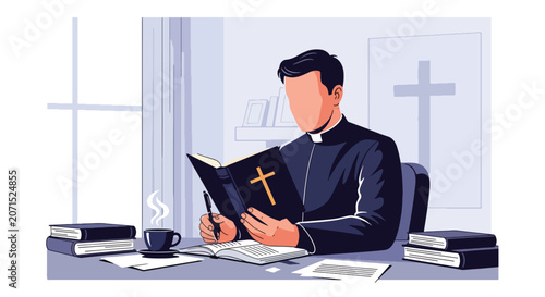 Tablou pe pânză Flat style vector illustration of a Christian man studying scripture and taking notes at a desk