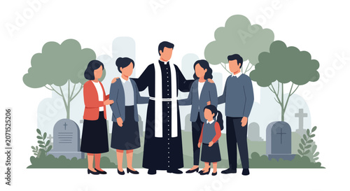 Canvas Print Flat style vector illustration of a pastor offering comfort and spiritual support to a family during a funeral service
